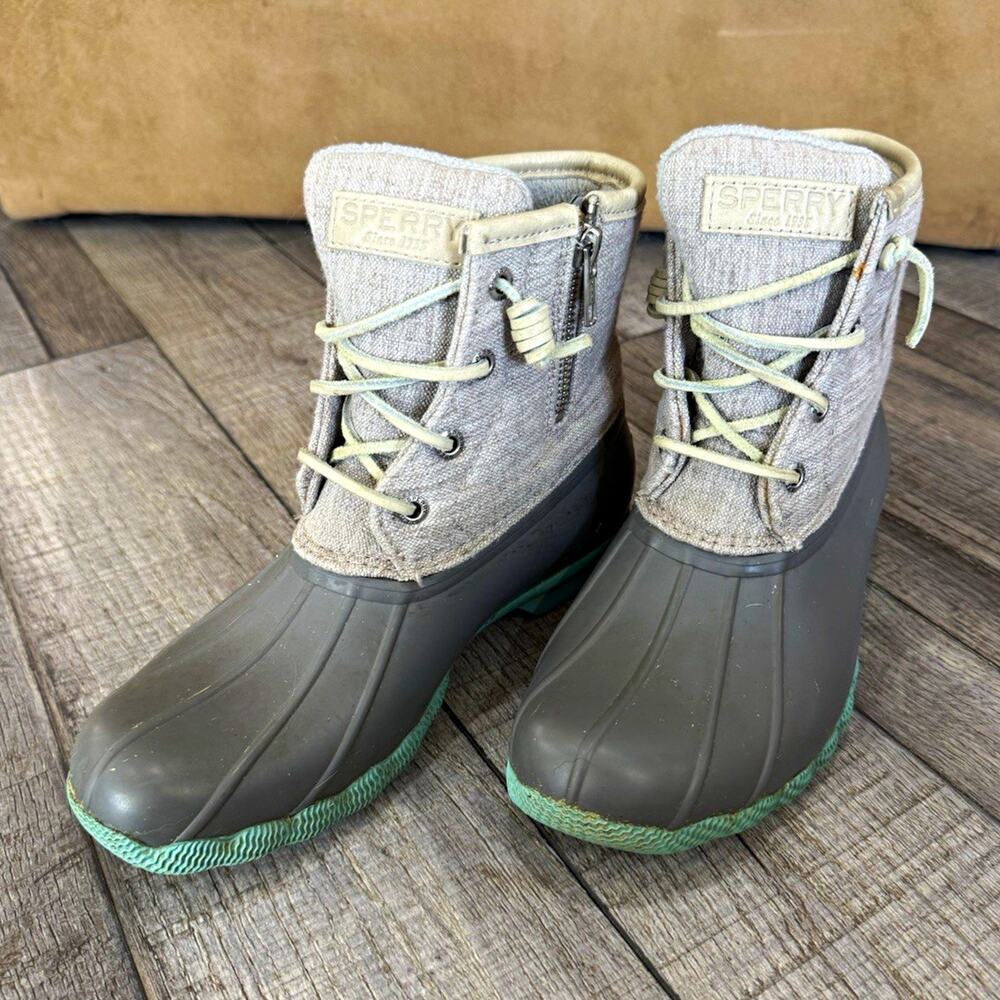 Sperry Saltwater Waterproof Women’s Gray Duck Rain Boots Side Zip Lace-Up 6M